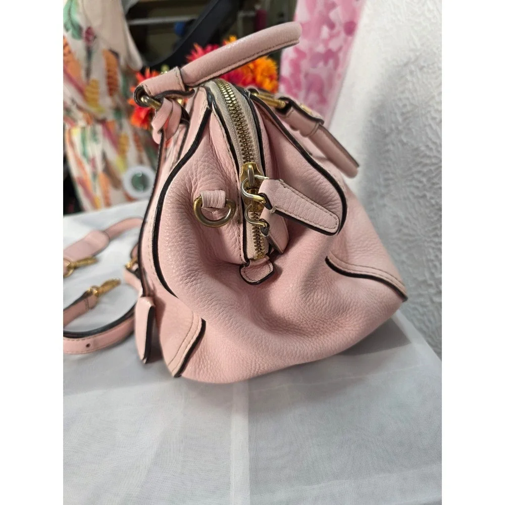 MCM Pink Pebbled Leather Boston Satchel Bag w/ Crossbody Strap‎